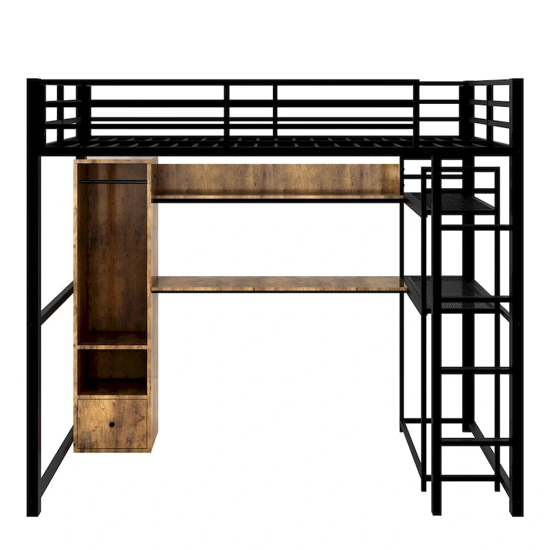 Lit mezzanine en métal de taille double avec armoire intégrée, tiroir, bureau et étagères