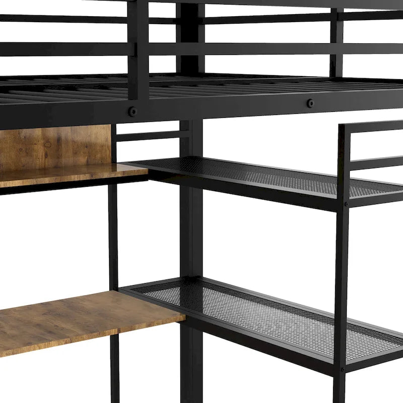 Full Size Metal Loft Bed with Built-in Wardrobe, Drawer, Desk and Shelves
