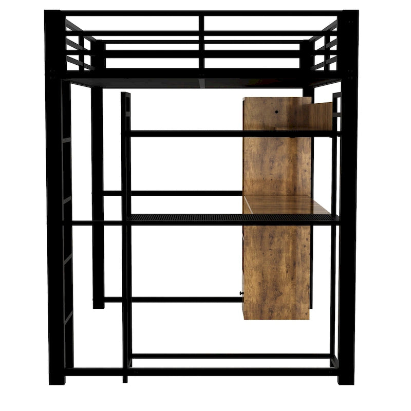 Lit mezzanine en métal de taille double avec armoire intégrée, tiroir, bureau et étagères