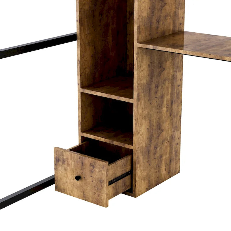 Lit mezzanine en métal de taille double avec armoire intégrée, tiroir, bureau et étagères