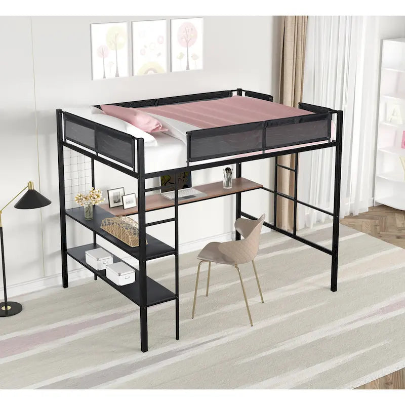 Metal Full Size Loft Bed with Desk & Shelves/ Sturdy Metal Bed Frame