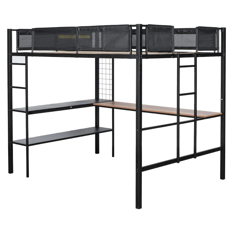 Metal Full Size Loft Bed with Desk & Shelves/ Sturdy Metal Bed Frame