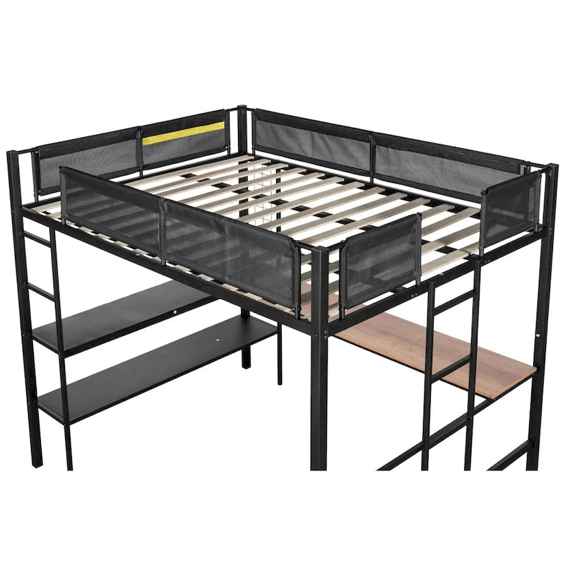 Metal Full Size Loft Bed with Desk & Shelves/ Sturdy Metal Bed Frame