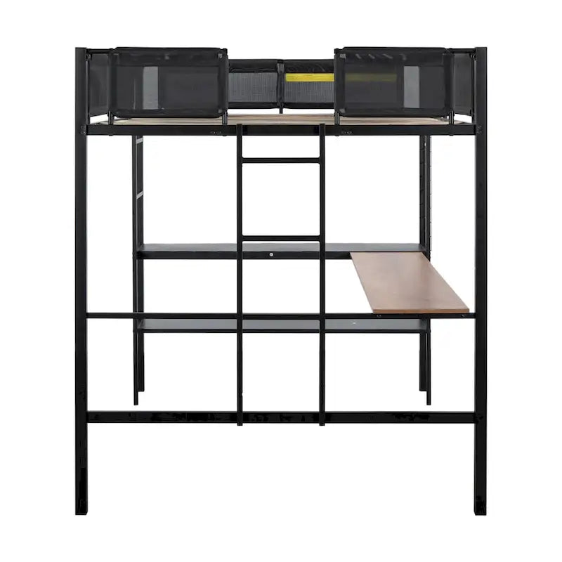 Metal Full Size Loft Bed with Desk & Shelves/ Sturdy Metal Bed Frame