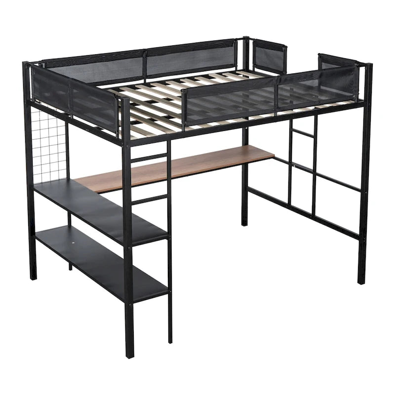 Metal Full Size Loft Bed with Desk & Shelves/ Sturdy Metal Bed Frame