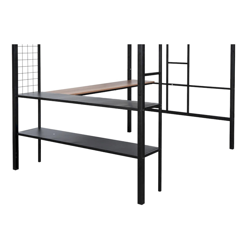 Metal Full Size Loft Bed with Desk & Shelves/ Sturdy Metal Bed Frame
