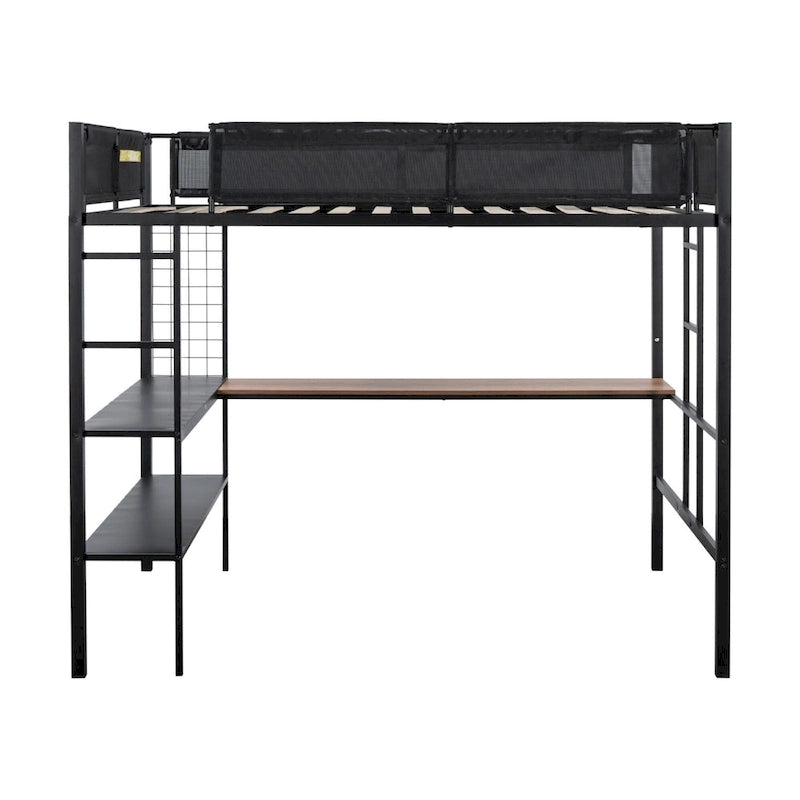 Metal Full Size Loft Bed with Desk & Shelves/ Sturdy Metal Bed Frame