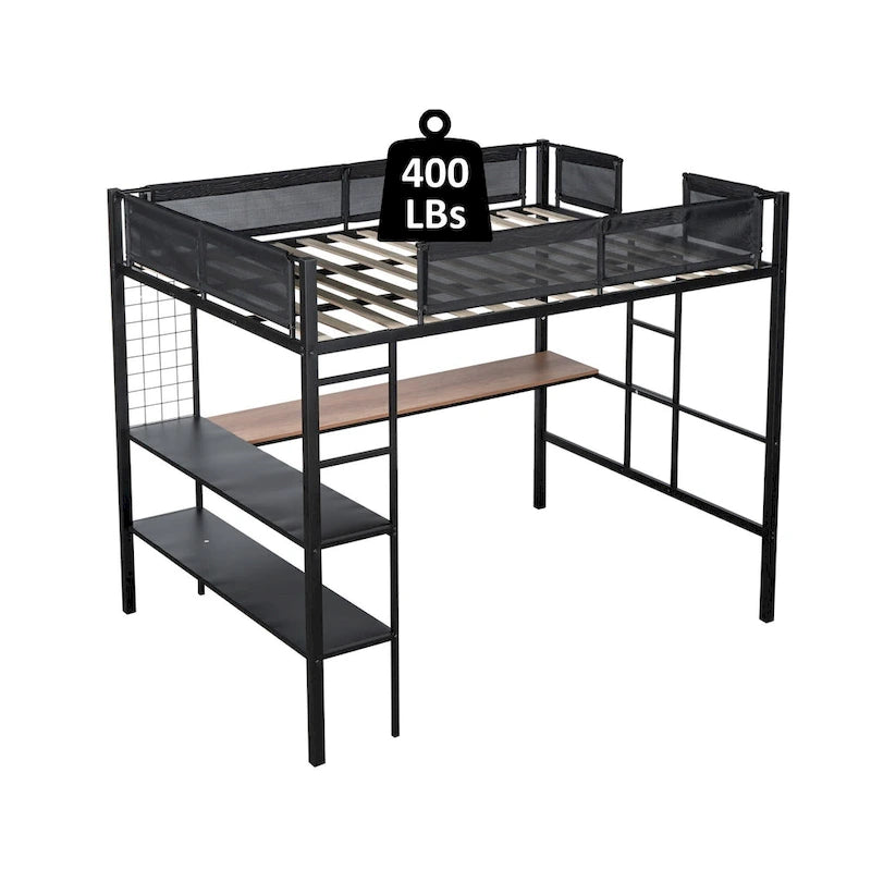 Metal Full Size Loft Bed with Desk & Shelves/ Sturdy Metal Bed Frame