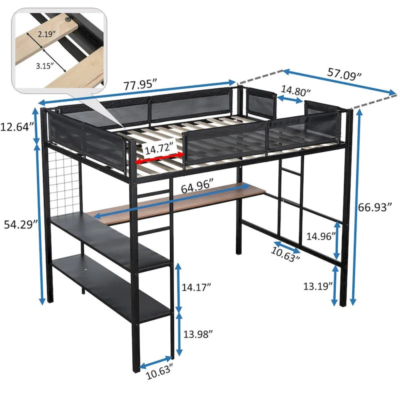 Metal Full Size Loft Bed with Desk & Shelves/ Sturdy Metal Bed Frame