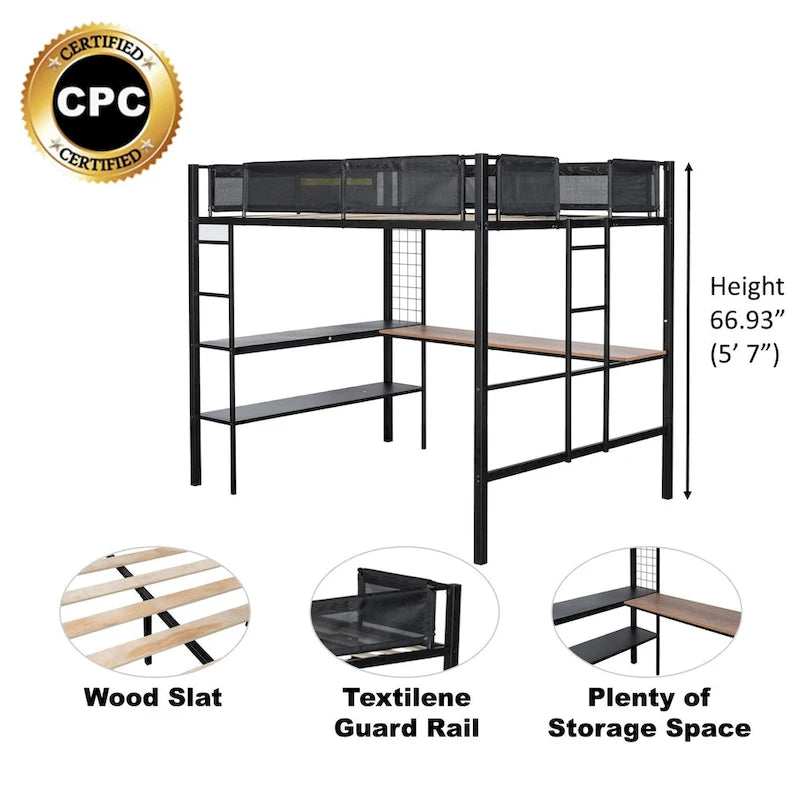 Metal Full Size Loft Bed with Desk & Shelves/ Sturdy Metal Bed Frame