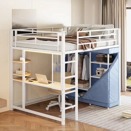 Full Size Loft Metal Bed with Desk,Shelves,Power Outlet,LED Light and Wardrobe