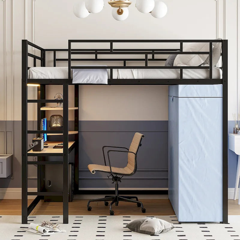 Full Size Loft Metal Bed with Desk,Shelves,Power Outlet,LED Light and Wardrobe