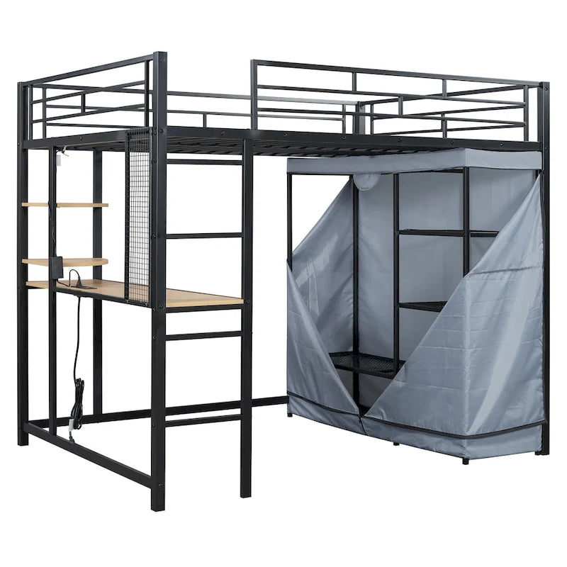 Full Size Loft Metal Bed with Desk,Shelves,Power Outlet,LED Light and Wardrobe