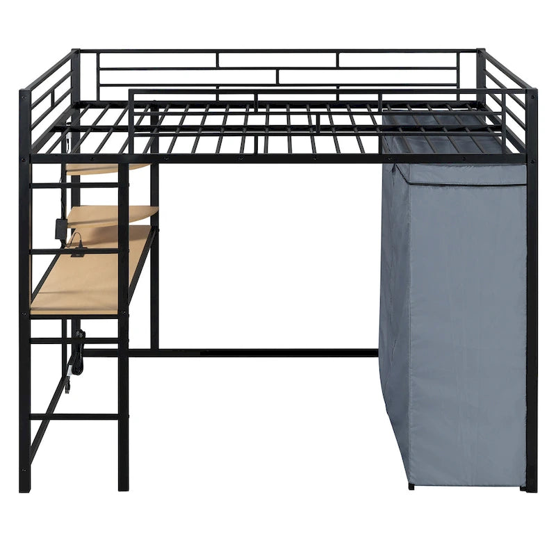 Full Size Loft Metal Bed with Desk,Shelves,Power Outlet,LED Light and Wardrobe
