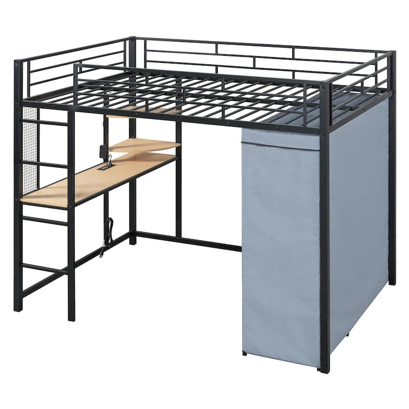 Full Size Loft Metal Bed with Desk,Shelves,Power Outlet,LED Light and Wardrobe