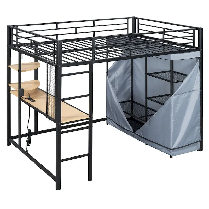 Full Size Loft Metal Bed with Desk,Shelves,Power Outlet,LED Light and Wardrobe