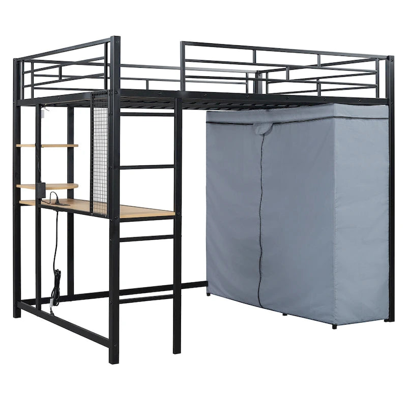 Full Size Loft Metal Bed with Desk,Shelves,Power Outlet,LED Light and Wardrobe