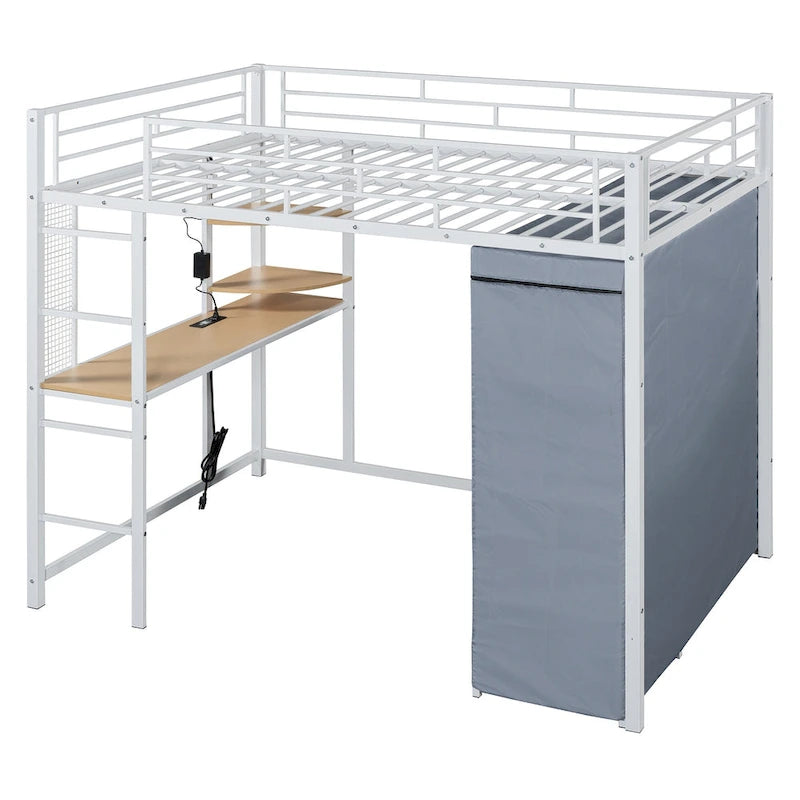 Full Size Loft Metal Bed with Desk,Shelves,Power Outlet,LED Light and Wardrobe