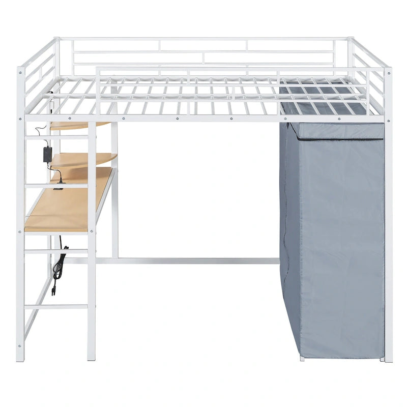 Full Size Loft Metal Bed with Desk,Shelves,Power Outlet,LED Light and Wardrobe
