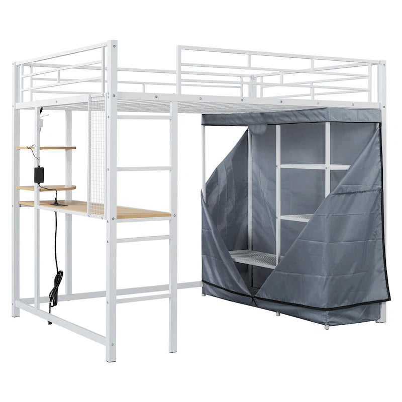Full Size Loft Metal Bed with Desk,Shelves,Power Outlet,LED Light and Wardrobe