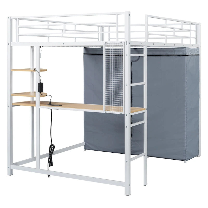 Full Size Loft Metal Bed with Desk,Shelves,Power Outlet,LED Light and Wardrobe