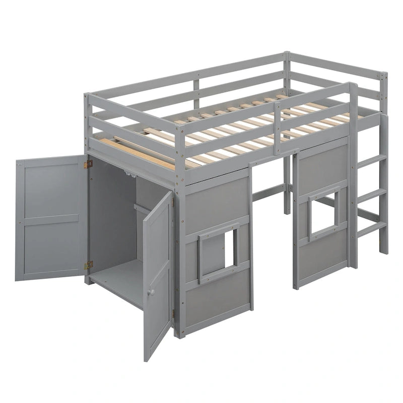 Wood Twin Size Loft Bed with Built-in Storage Wardrobe and 2 Windows