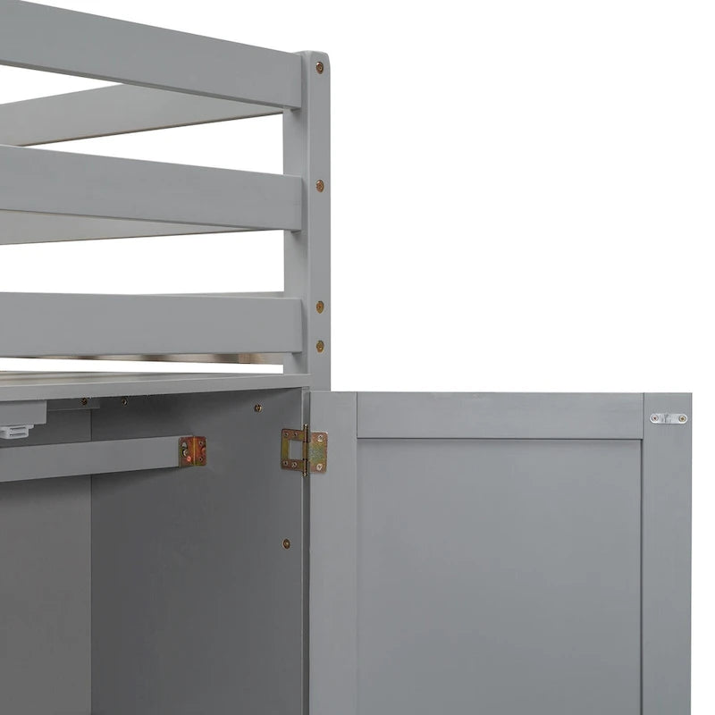 Wood Twin Size Loft Bed with Built-in Storage Wardrobe and 2 Windows