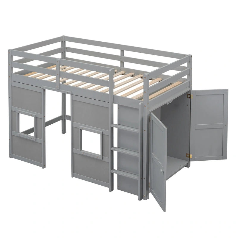 Wood Twin Size Loft Bed with Built-in Storage Wardrobe and 2 Windows