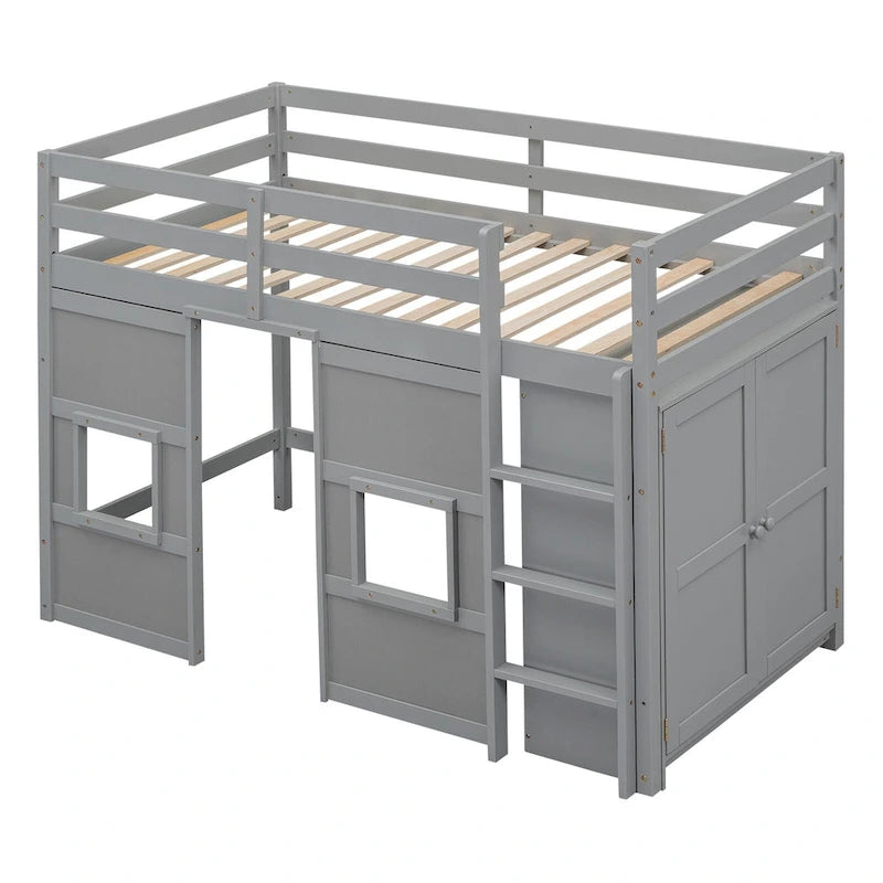 Wood Twin Size Loft Bed with Built-in Storage Wardrobe and 2 Windows