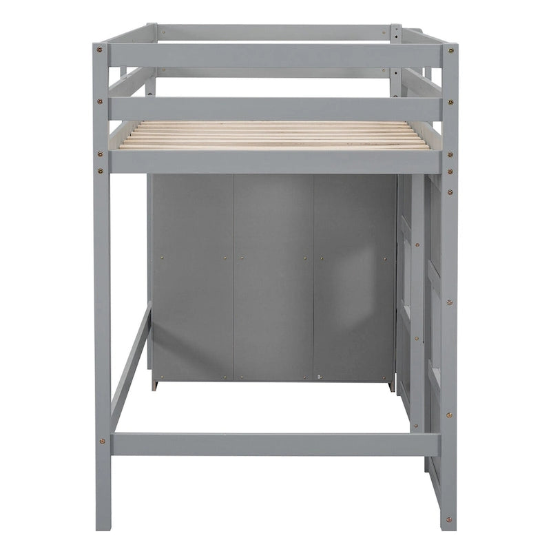 Wood Twin Size Loft Bed with Built-in Storage Wardrobe and 2 Windows