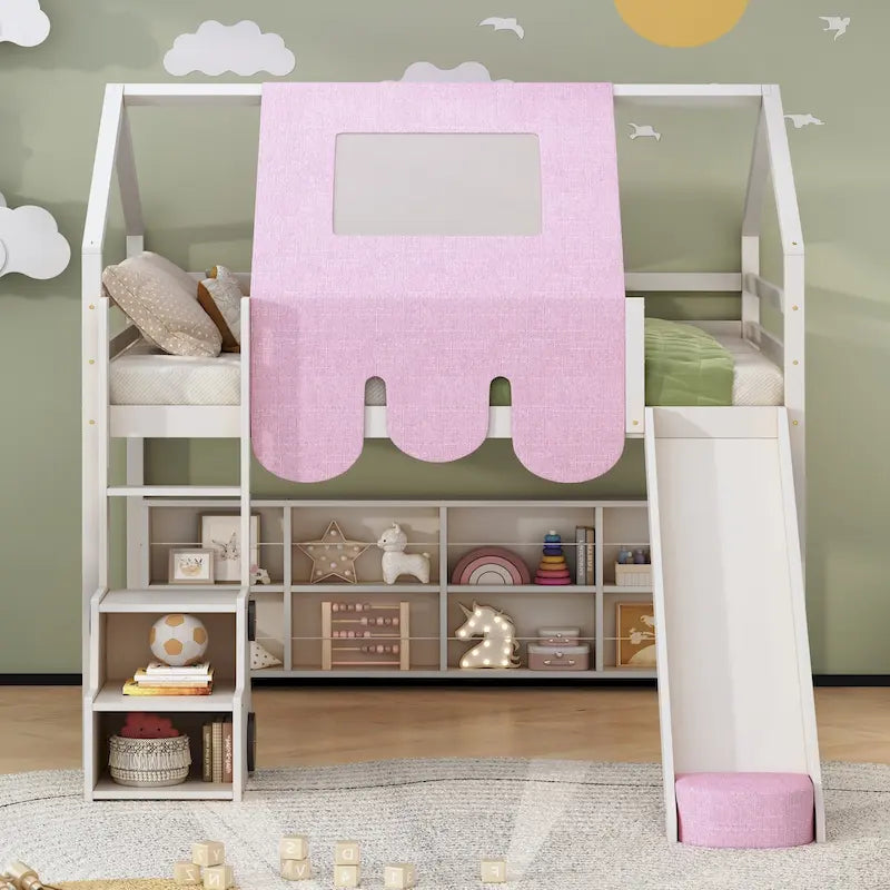 Full size Wooden Loft Bed House-shaped Frame with a Tent
