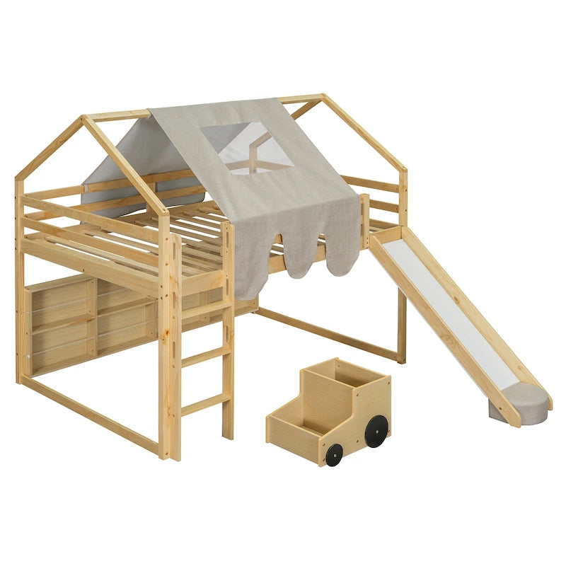 Full size Wooden Loft Bed House-shaped Frame with a Tent