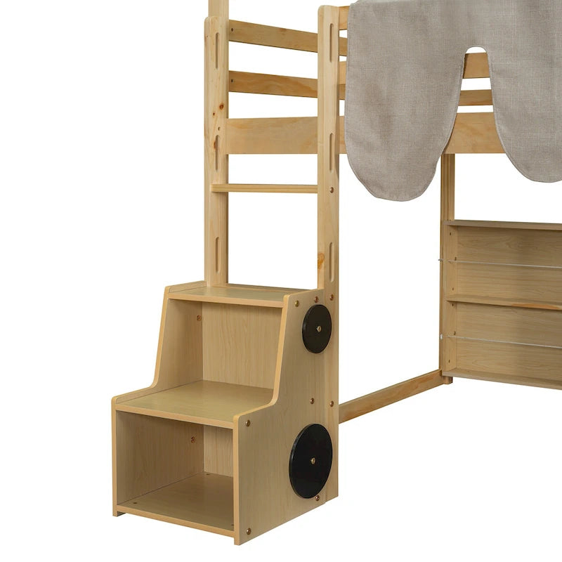 Full size Wooden Loft Bed House-shaped Frame with a Tent