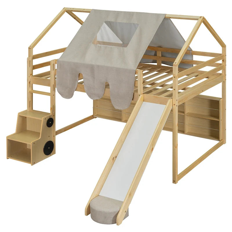 Full size Wooden Loft Bed House-shaped Frame with a Tent