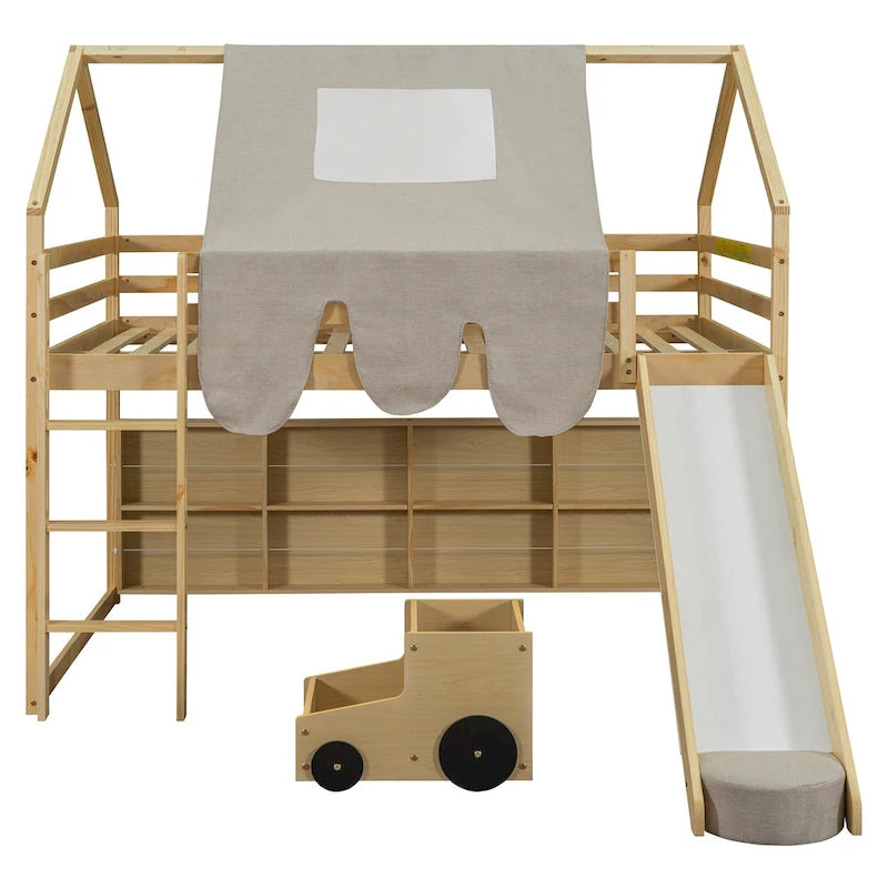 Full size Wooden Loft Bed House-shaped Frame with a Tent