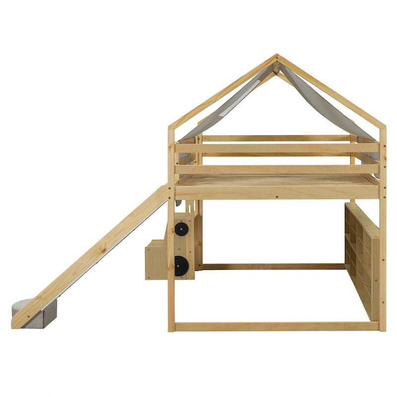 Full size Wooden Loft Bed House-shaped Frame with a Tent