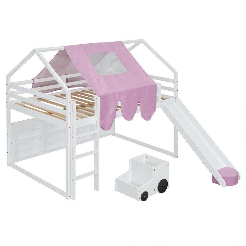 Full size Wooden Loft Bed House-shaped Frame with a Tent
