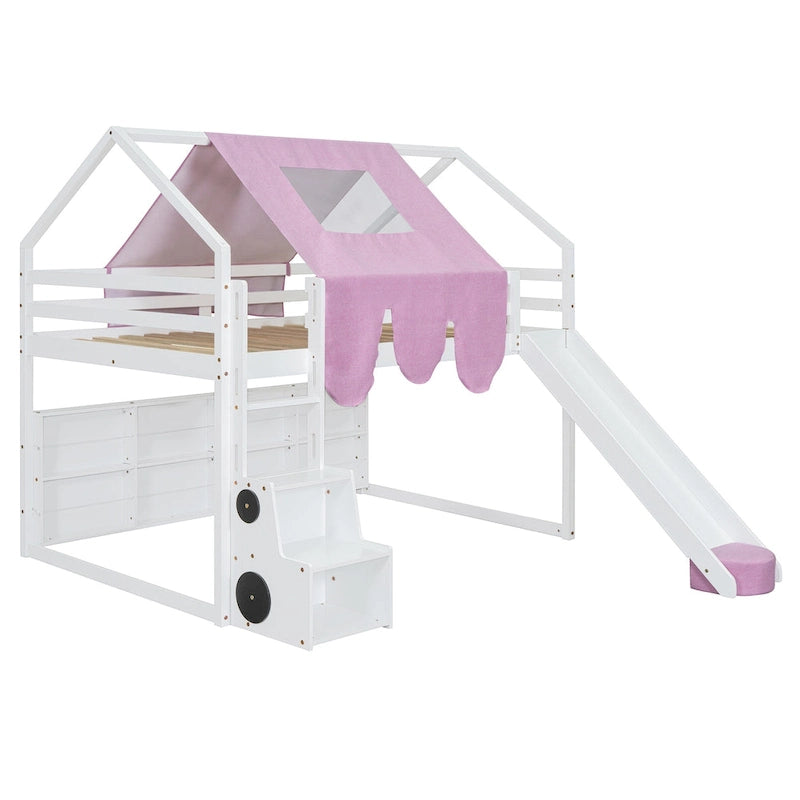 Full size Wooden Loft Bed House-shaped Frame with a Tent