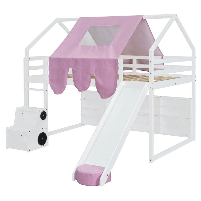 Full size Wooden Loft Bed House-shaped Frame with a Tent