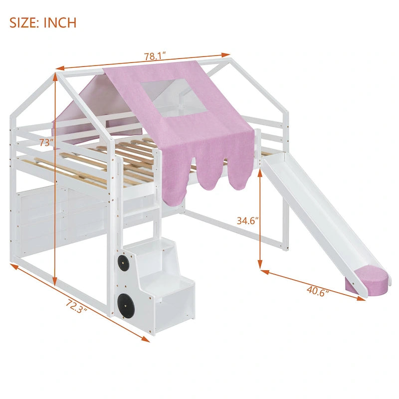 Full size Wooden Loft Bed House-shaped Frame with a Tent
