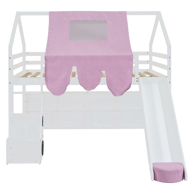 Full size Wooden Loft Bed House-shaped Frame with a Tent