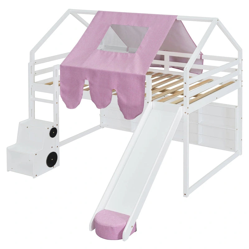 Full size Wooden Loft Bed House-shaped Frame with a Tent