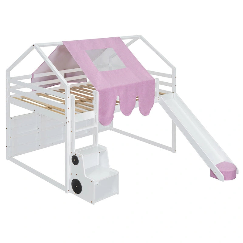 Full size Wooden Loft Bed House-shaped Frame with a Tent