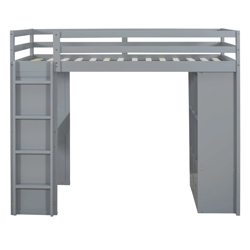 Full Size Loft Bed with large shelves, writing desk and LED Light
