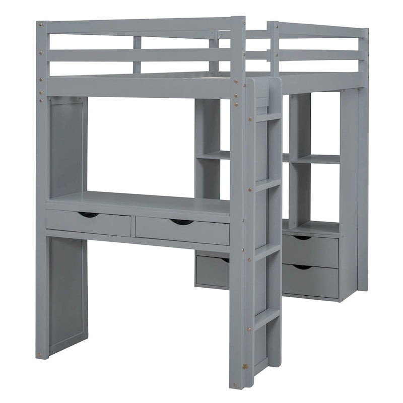 Full Size Loft Bed with large shelves, writing desk and LED Light