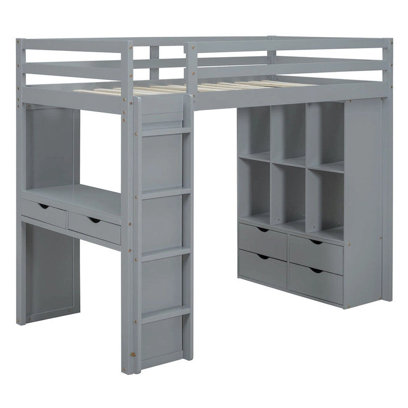 Full Size Loft Bed with large shelves, writing desk and LED Light