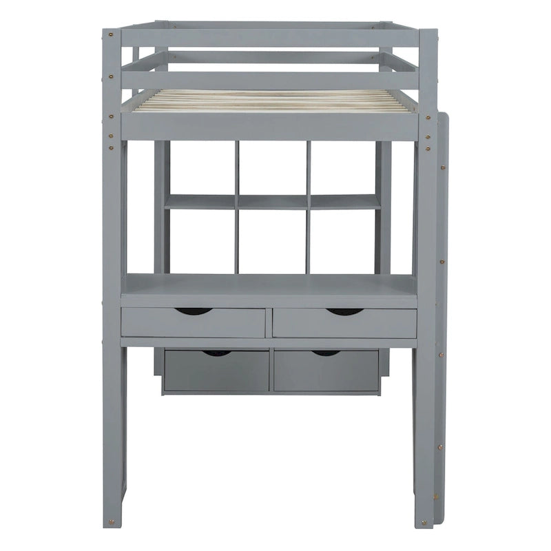 Full Size Loft Bed with large shelves, writing desk and LED Light