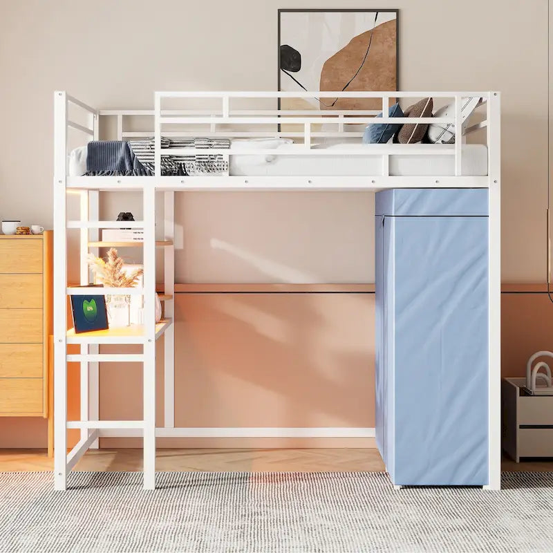 Twin Size Loft Metal Bed with Desk,Shelves,Power Outlet,LED Light and Wardrobe