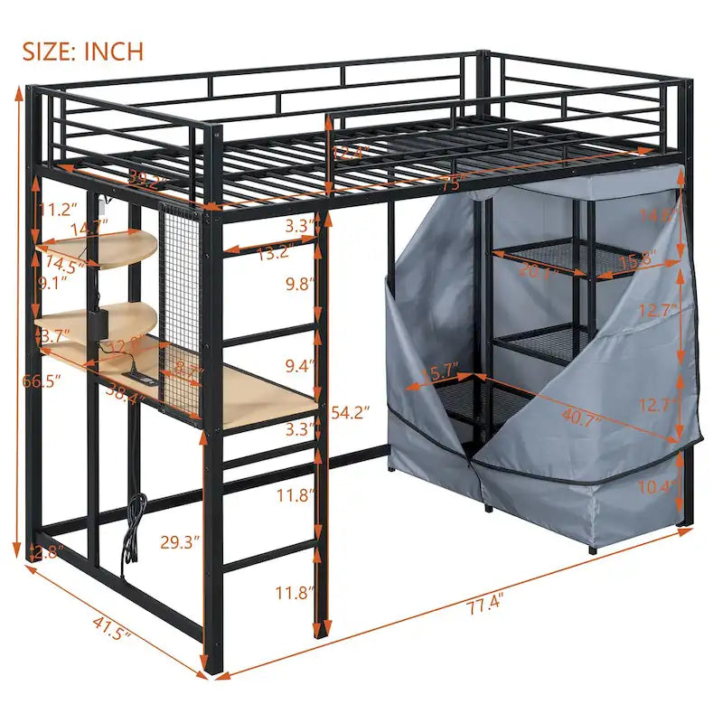 Twin Size Loft Metal Bed with Desk,Shelves,Power Outlet,LED Light and Wardrobe