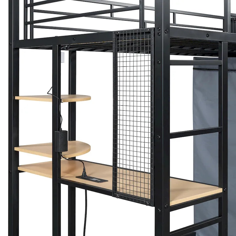 Twin Size Loft Metal Bed with Desk,Shelves,Power Outlet,LED Light and Wardrobe